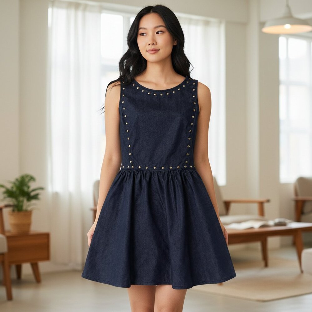Sleeveless Navy Stud-Trim Fit & Flare Dress